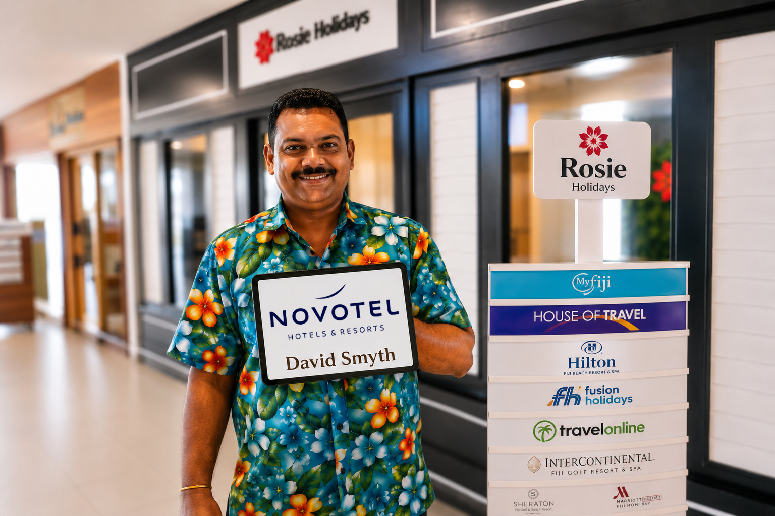 Rosie Holidays driver concierge with Novotel welcome sign at Nadi Airport